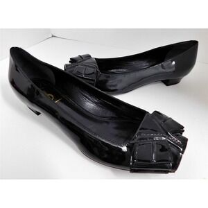 New YSL‎ Yves Saint Laurent Black Patent Open Toe Bow Flats Italy 39.5
